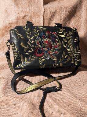 Patricia Nash Angelin Black Leather Floral Embroidered Satchel Crossbody Bag